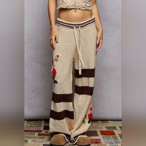 POL Beige & Dark Brown Striped Knit Track Pants with Floral Embroidery